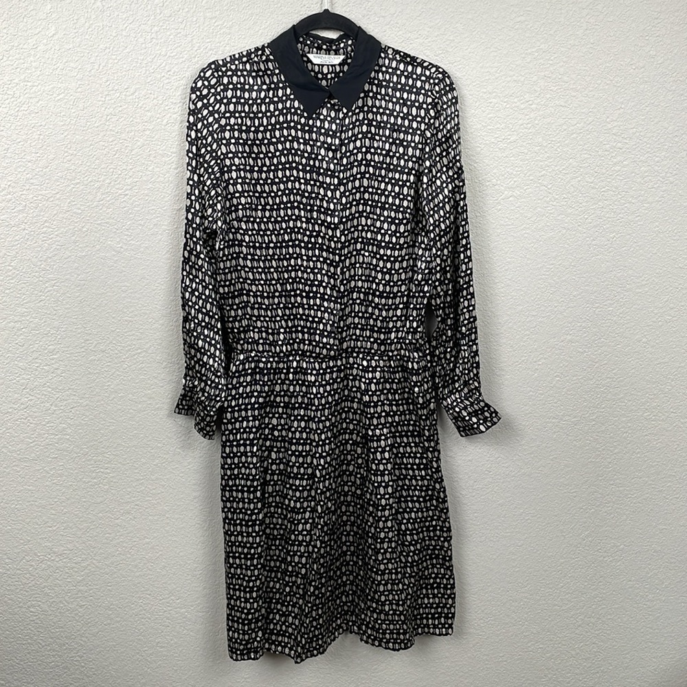 Marina Rinaldi Silk Long Sleeve Collared Dress Black White Spotted Sz 17